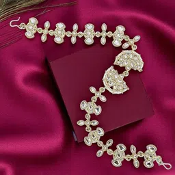 FEMMIBELLA Gold-Plated Artificial Stones and Beads Studded Matha Patti Head Jewellery-13