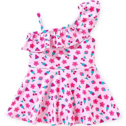 Babyhug Sleeveless Frock Style Singlet Swimsuit with Ruffle Detailing Fruity Print - Pink-image-18