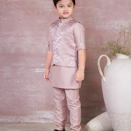 Ministitch Full Sleeves Solid Kurta & Pyjama With Seamless Leaf Swirl Self Design Detailed Jacket - Onion Pink-image-67