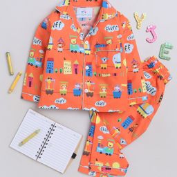 Knitting Doodles Premium Cotton Full SleevesAnimals & Vehicle Printed Coordinating Night Suit - Orange-image-60