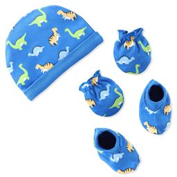 Babyhug 100% Cotton Knit Cap Mittens & Booties Set Dino Print - Blue-26