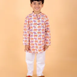 MoMaa Pure Cotton Full Sleeves All Over Elephant Printed Kurta & Pyjama Set - Orange-picture-29