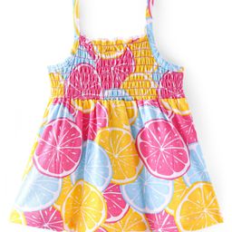 Babyhug 100% Cotton Knit Sleeveless Top with Orange Print & Smocking Detailing - Multicolour-image-98