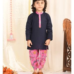 Superminis Pure Cotton Full Sleeves Floral Swirl Printed Kurta With Coordinating Dhoti Set - Navy Blue-image-13