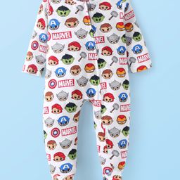Babyhug Marvel Cotton Knit Full Sleeves Sleepsuit Avengers Print - White-image-88