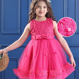 Mark & Mia Sleeveless Party Frock With Bow Applique Pearl Detailing & Floral Lace - Fuchsia-image-59