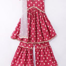 Teentaare Cotton Woven Sleeveless Kurta & Gharara Set with Dupatta Polka Dot Print & lace Detailing - Red-image-71