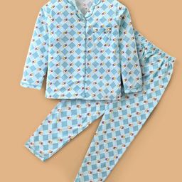 Cucumber Sinker Knit Full Sleeves Star Print Night Suit - Light Blue-image-36