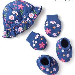 Babyoye Eco Conscious 100% Cotton Cap Mitten & Booties With Floral Print Navy Blue - Diameter 10 cm-image-57