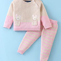 ToffyHouse Cotton Knitted Full Raglan Sleeves Sweater Set With Stripes & Pocket Patch Detailing - Beige & Baby Pink-image-19