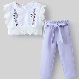Kookie Kids Sleeveless Top & Legging Set With Floral Embroidery & Lace Detailing - White & Purple-image-16