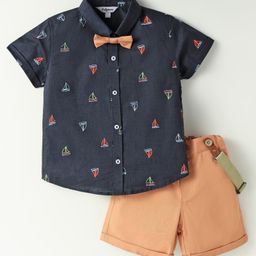 ToffyHouse Poplin Woven Half Sleeves Boat Printed Shirt & Shorts With Bow & Suspender - Navy Blue-image-43