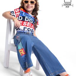 Ollington St.Cotton Lycra Knit Half Sleeves Text Printed Top & Wide Leg Denim Jeans Set with Side Text Printed Panel - Blue Green Red-image-56