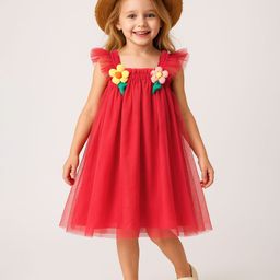 Mark & Mia Woven Frill Sleeves Mesh Frock with Floral Applique - Red-image-87