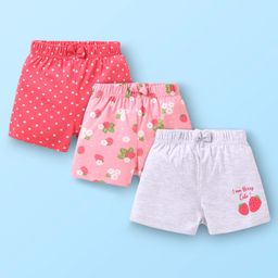 Babyhug Cotton Knit Mid Thigh Shorts with Floral & Polka Dot Print & Bow Applique Pack of 3 - Pink & Grey-image-65