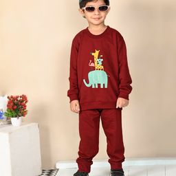 Superminis Cotton Full Sleeves Wild Animals Printed Sweatshirt With Joggers Set - Maroon-image-63