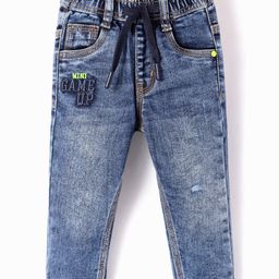 Ruff Denim Full Length Washed Jeans with Game Up Text Embroidery - Blue-93
