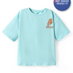 Primo Gino Cotton Knit Half Drop Shoulder Sleeves Oversized T-Shirt with Chest & Back Butterfly Print - Light Blue-image-95