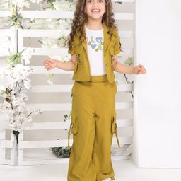 Ministitch Cotton Silk Love Text Embroidered Top & Pant With Half Sleeves Jacket Set - Olive Green-image-97
