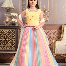 Aarika Georgette Sleeveless Leaves Printed Hand Embroidered Lehenga Choli With Dupatta Set - Yellow-image-104