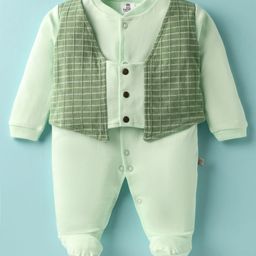 Mini Taurus Interlock Knit Full Sleeves Footed Rompers With Checks Print - Sea Green-image-9