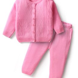 Babyhug Knitted Full Sleeves Front Open Solid Color Sweater Set With Cable Net Design - Pink-image-25
