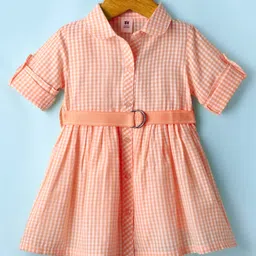 ToffyHouse Cotton Woven Full Sleeves Checkered Shirt Dress With Belt Detailing - Orange-picture-46