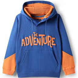 Pine Kids Cotton Knit Full Sleeves Cut & Sew Hooded Sweatshirt with Adventure Text Print & Kangaroo Pockets - Orange & Blue-picture-20