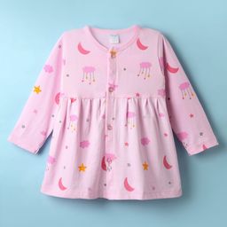 Tango Single Jersey Knit Full Sleeves Front Open Star Print Frock - Pink-image-27