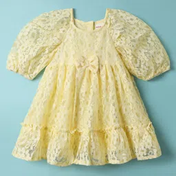 Babyhug 100% Cotton Half Raglan Sleeves Frock With Floral Design & Bow Applique - Yellow-picture-5