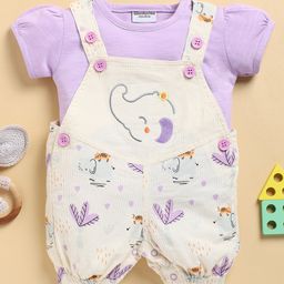 Wonderchild Animals Embroidered & Printed Dungaree & Half Puffed Sleeves Top Set - Cream & Mauve-image-61