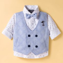 Dapper Dudes Full Sleeves Abstract Printed Shirt With Waistcoat & Bow Set - Sky Blue-picture-20