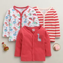 BUMZEE Cotton Knit Pack Of 3 Full Sleeves Striped & Dinosaurs Printed Jhablas - Red & White-picture-32