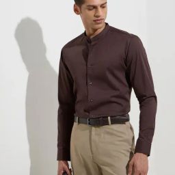 WES Formals by Westside Dark Brown Ultra-Slim Fit Cotton-Blend Shirt-image-92