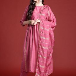 Anouk Striped A-Line Kurta with Trousers & Dupatta image 3