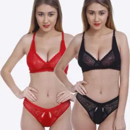 FIMS Black & Red Lace Work Bra Panty Sets - Pack Of 2-image-86