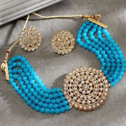 SOHI Gold-Plated White Blue Stone-Studded & Beaded Necklace & Earrings Jewellery Set-picture-27