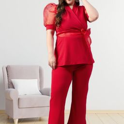 Sztori Plus Size Lapel Collar Neck Top With Trousers Co-Ords-0