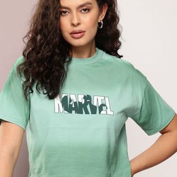 Kook N Keech Boxy Fit Marvel Hulk Printed Dyed Effect Crop Pure Cotton T-shirt-image-44