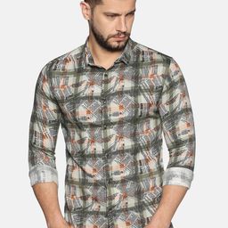 SHOWOFF Men Olive Green & Orange Slim Fit Printed Casual Shirt-image-81
