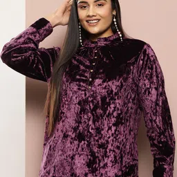 Sztori Plus Size Solid Mandarin Collar Velvet Top-image-21