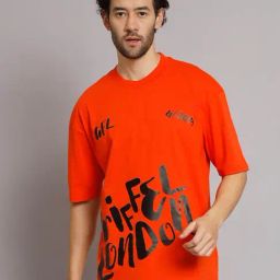 GRIFFEL Neon Orange Printed Loose Fit Oversized Crew T-Shirt-image-94