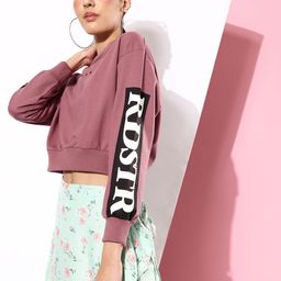 The Roadster Life Co. Dusty Rose Printed Hello Monsoon Hyper Graphics Crop Sweatshirt-image-90