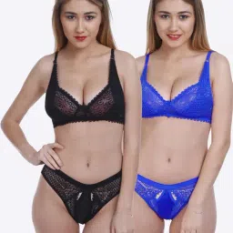 FIMS Black & Blue Lace Work Bra Panty Sets - Pack Of 2-image-88