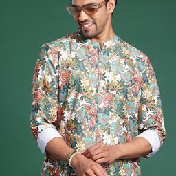 Sangria Tropical Printed Mandarin Collar Longline Shirt-image-47