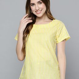 HERE&NOW Yellow & White Round Neck Striped Top-12