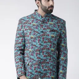 Hangup Men Blue & Pink Printed Bandhgala Blazer-image-88