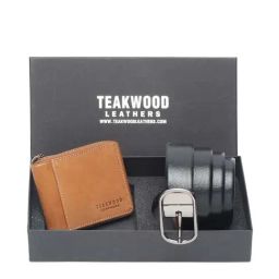 Teakwood Leathers Tan Casual Leather Bi-Fold Wallet with Belt Gift Set for Men-picture-34