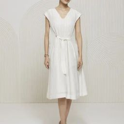 Artagai Off White Kantha Relaxed Fit Dress with Belt and Kantha Embroidery At Front-image-73