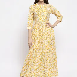 Indibelle Women Yellow & White Printed Fit and Flare Dress-image-97
